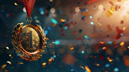 Closeup of gold medal with number one amidst falling confetti symbolizing victory and celebration sports achievement concept