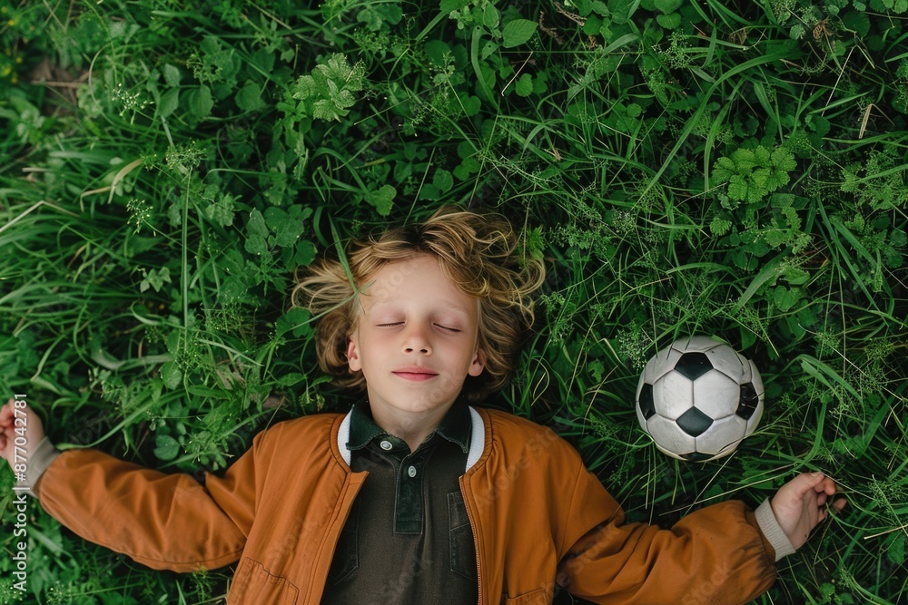 Wall mural a young boy relaxing in the grass with his favorite soccer ball