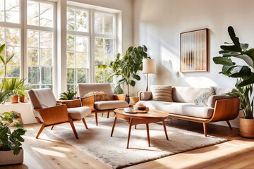 A living room with a white couch, two chairs, and a coffee table