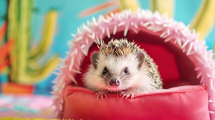 pygmy hedgehog in in a pink soft house isolated on colorful background