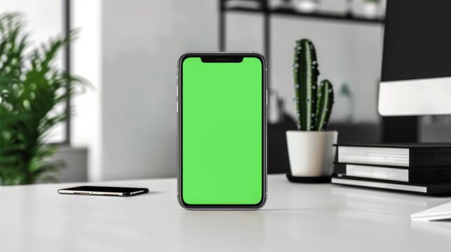 Smartphone with green screen on a modern desk perfect for insert content concept.