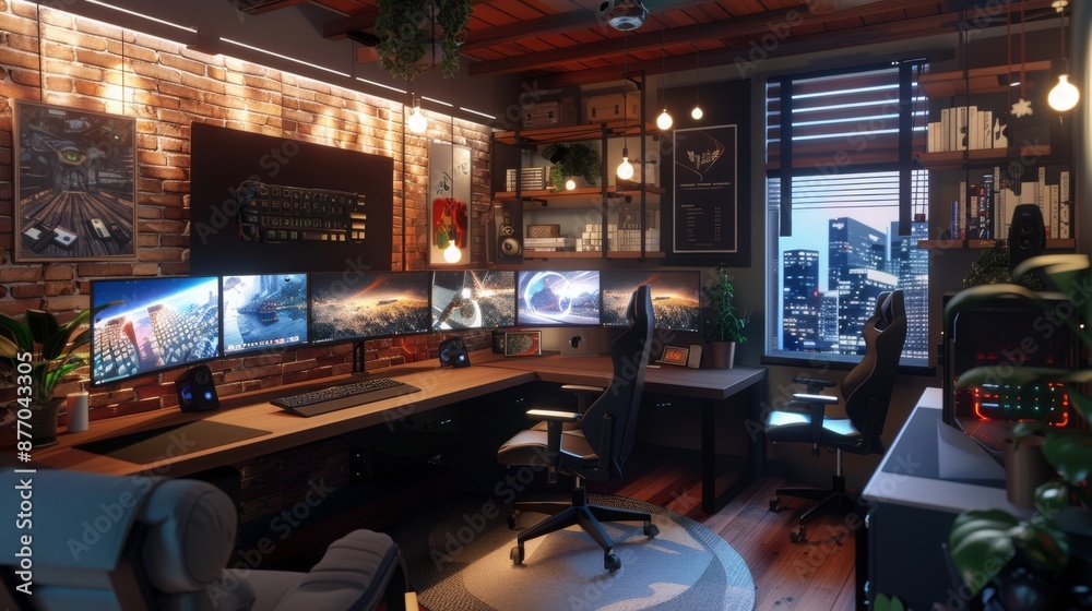 Poster a spacious gaming setup with three monitors, a large desk, and a comfortable chair. a large window o