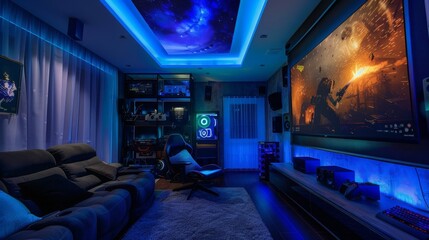 A home theater with blue lighting, large projector screen playing a movie, comfy couch, gaming chair, and big speakers on the right.