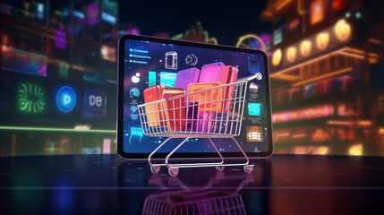 Digital Shopping Cart with Electronic Devices on a Tablet Screen