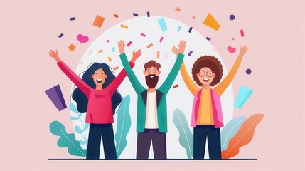 Hybrid team success, celebrating milestones together, flat design illustration