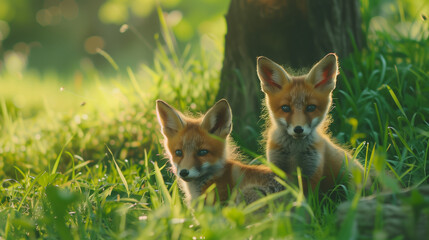 Naklejka premium Adorable Fox Cubs Peeking Through Green Grass, Wildlife Photography of Young Red Foxes in Natural Habitat