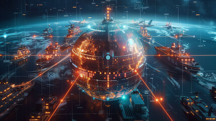 Fototapeta premium The ship is in the middle of the sea. With an AI-style world in the middle of a large ship.