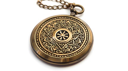 Intricately Carved Antique Brass Talisman on White Background with Soft Lighting, High-Resolution Image for Design Concepts