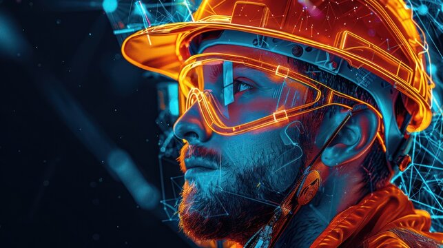 The engineer wears an orange hat and neon glasses.