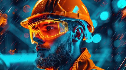 The engineer wears an orange hat and neon glasses.