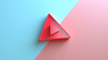 red triangle play button isolated on pink and blue background
