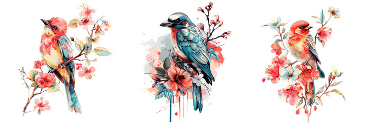 Fototapeta premium Set of A vibrant tropical bird amidst a lush watercolor jungle of exotic flowers and foliage isolated on transparent background