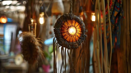 Naklejka premium Rustic Handmade Leather Talisman Hanging in Warm Lighting Display