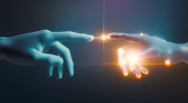 Robotic AI and human hands interacting over a big data machine learning exchange network link