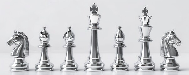 Complete Set of Silver Chess Pieces on a Pristine Background - A Display of Tactical Elegance - Generative AI
