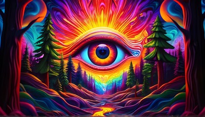 Surreal psychedelic landscape with floating eye, vivid colors, abstract forest background. Generative AI