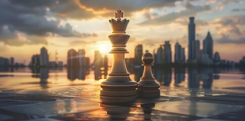 Chess King Silhouetted Against Sunset Cityscape Reflecting on Water - A Strategic Vision - Generative AI