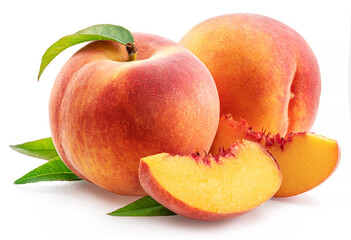 Ripe peach with leaf and peach slices isolated on white background.