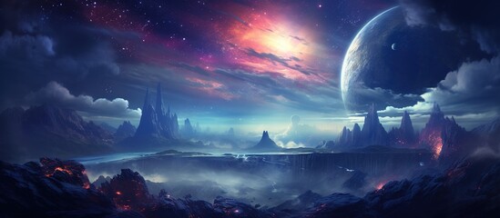 Ethereal Landscape with a Giant Moon and Starry Sky