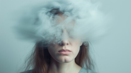A woman with a cloud over his head. Concept for mental health issues illness, brain fog or migraine headaches. Could also be for therapy to help dispel negative thoughts.