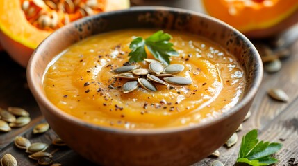 Pumpkin soup in a bowl served with parsley and pumpkin seeds, autumn theme.