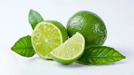 Lime fruit with a green leaf and a cut slice isolated on white