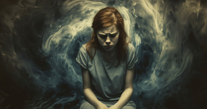 A mental health illness child anxiety or depression bullying girl with intrusive negative thoughts concept design