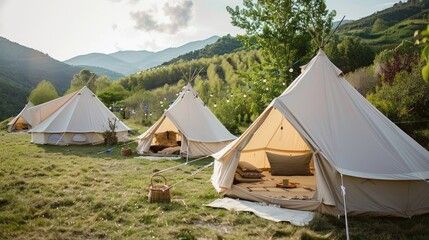 Luxury glamping setup with cozy tents and scenic countryside backdrop