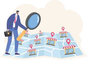 Male Character Shopping. Man with Trolley Purchasing Goods at Huge Map with Gps Pin. Characters Using Geolocation Positioning Concept. Find the right grocery store in the big city. Vector Illustration