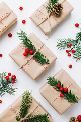 Festive Christmas Presents Background with Rustic Wrapping Paper, Pinecones, Red Berries, and Evergreen Foliage - Ideal for Holiday Copy Space and Seasonal Design Projects