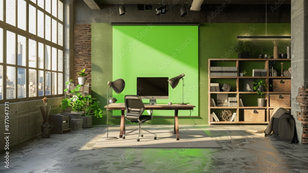 Poster a modern office space features a desk with a computer, chair, and desk lamp, set against a green scr