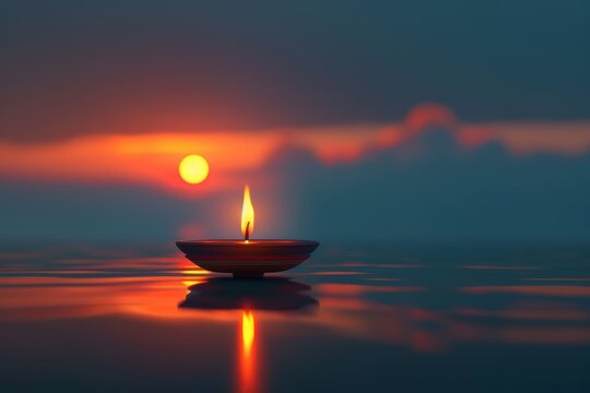 Indian Diya lamp candle burning on floor at calm background, creating serene and peaceful atmosphere, symbolizing inner tranquility and spiritual reflection
