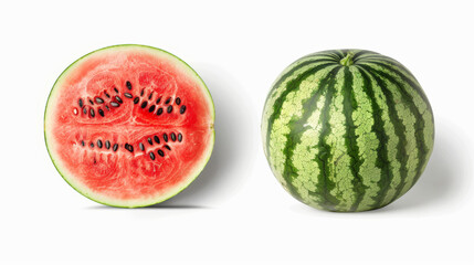 Striped watermelon and halved watermelon isolated on a white background with a clipping path.