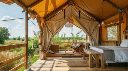 Fototapeta premium Stylish glamping accommodations surrounded by serene countryside views