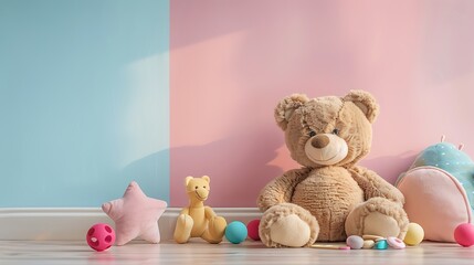 Smiling brown teddy bear and different rattles and playing shapes on wooden floor at light pink wall in nursery room isolated on pink and blue background