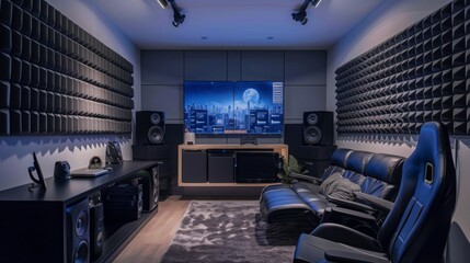 A contemporary home theater with acoustic panels, large cityscape display, leather couch, black gaming chair, and recessed lighting.