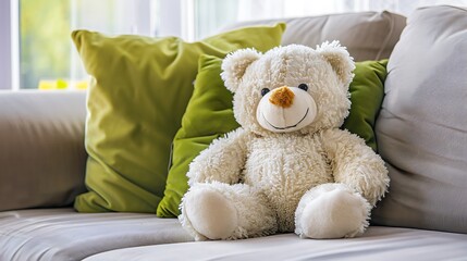 Fototapeta premium Smilely white teddy bear sit on sofa and lay on green pillow