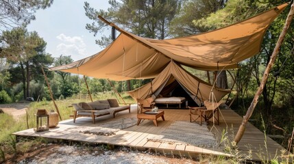 Fototapeta premium Tranquil glamping site with elegant tents in the heart of nature