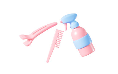 Cartoon hair spray and hair clips, hairdressing and beauty concept, 3d rendering.