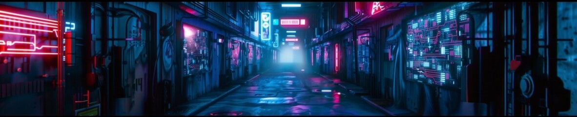 Obraz premium Cyberpunk alleyway with bright neon lights and detailed futuristic elements, showcasing a high-tech urban environment perfect for sci-fi and digital themes.