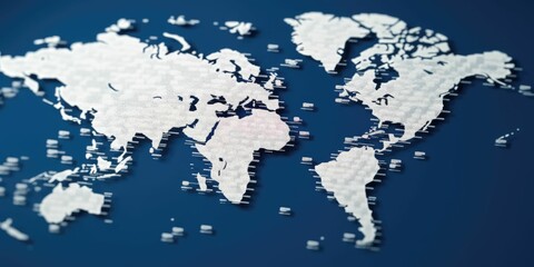 Digital world map with glowing cyber data points on dark blue background. Global connectivity and internet technology concept. Design for network, communication, technology innovation theme. AIG35.