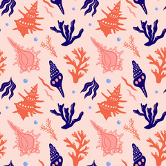 Underwater ocean and sea shells seamless vector pattern with seashells, plants, coral, seaweed, algae, abstract colorful cartoon funky groovy illustration for wrapping paper, wallpaper decoration 