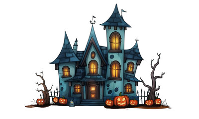 halloween castle with bats on transparent background