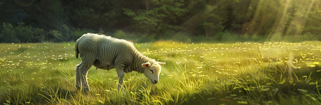 Gentle Lamb Grazing in a Meadow Representing Innocence and Peace