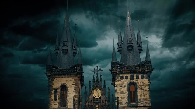 Close-up of the tower of the Church of Our Lady before Tyn. The spiers of the ancient European historical cathedral in Prague. Landmark against the sky.