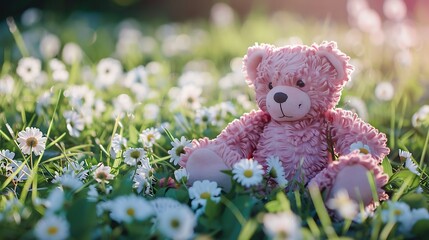 Spring creative layout with pink teddy bear sitting on grass with white flower heads
