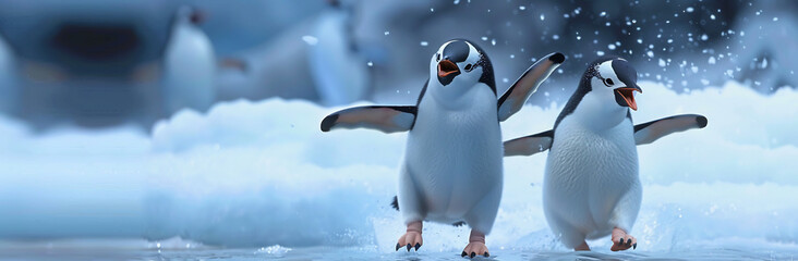 Playful Penguins Sliding on Ice Representing Joy and Playfulness