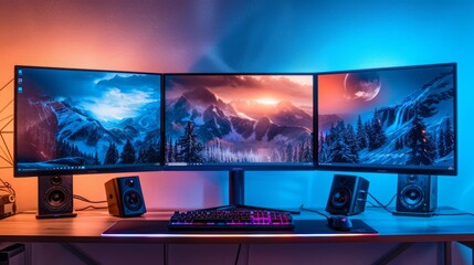 A modern desk setup with three monitors displaying stunning mountain scenery as desktop backgrounds.