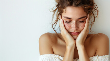 Obraz premium A woman with red hair and freckles is looking down at her hands. She has a sad expression on her face
