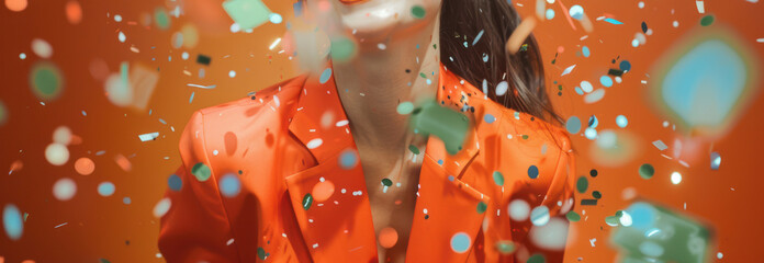 Amidst a flurry of confetti, a professional woman's infectious grin lights up the room, embracing the orange hues of festivity with unabashed joy.